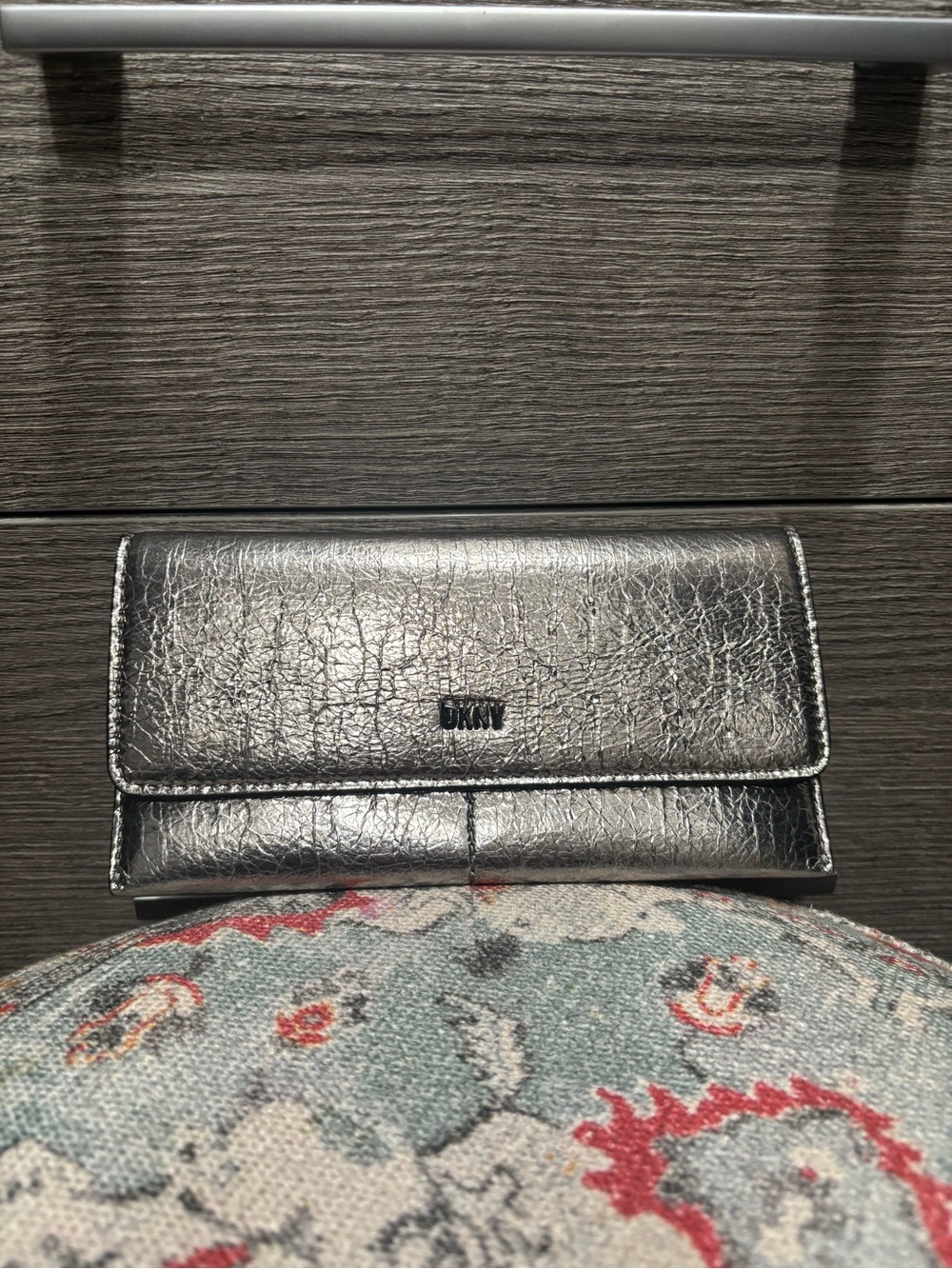 DKNY Metallic Silver Leather Fold-Over Wallet